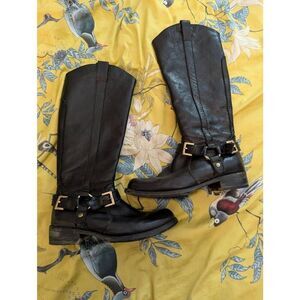 Miz Mooz Women’s 7.5 Black Leather Faux Fur Lined Tall Mid Calf Heeled Boots